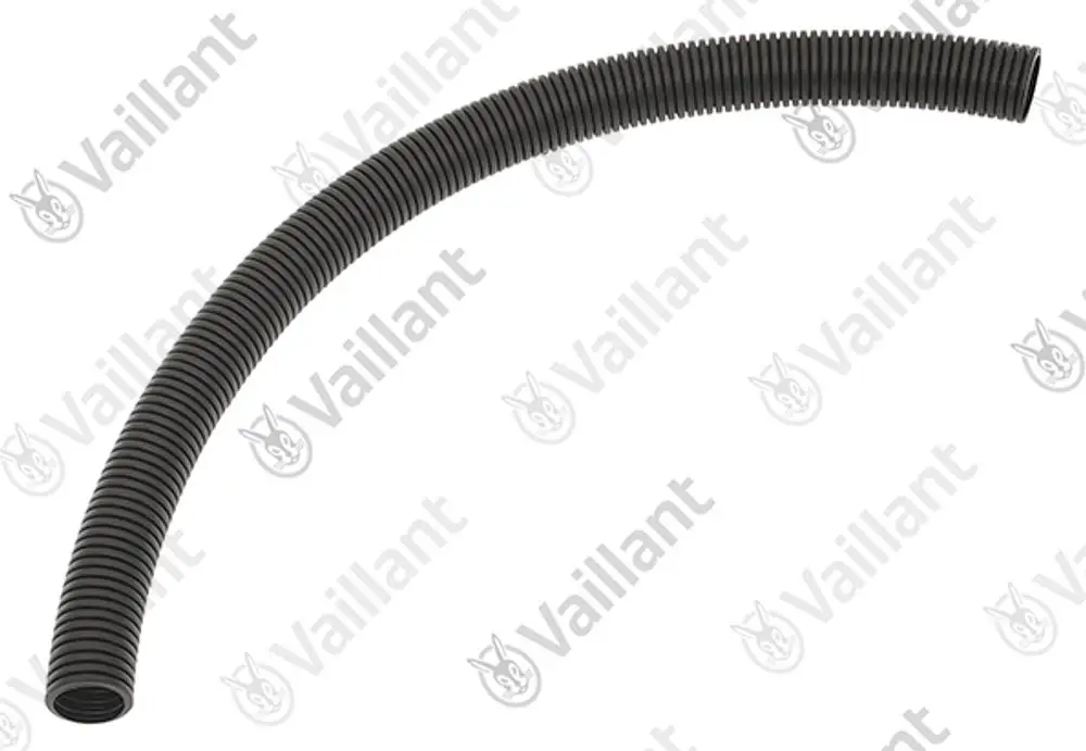 Flexibles, gewelltes Rohr in Schwarz, hergestellt von Vaillant, mit einer geschwungenen Form. Ideal für verschiedene Installationen in Heizungs- oder Rohrleitungssystemen.